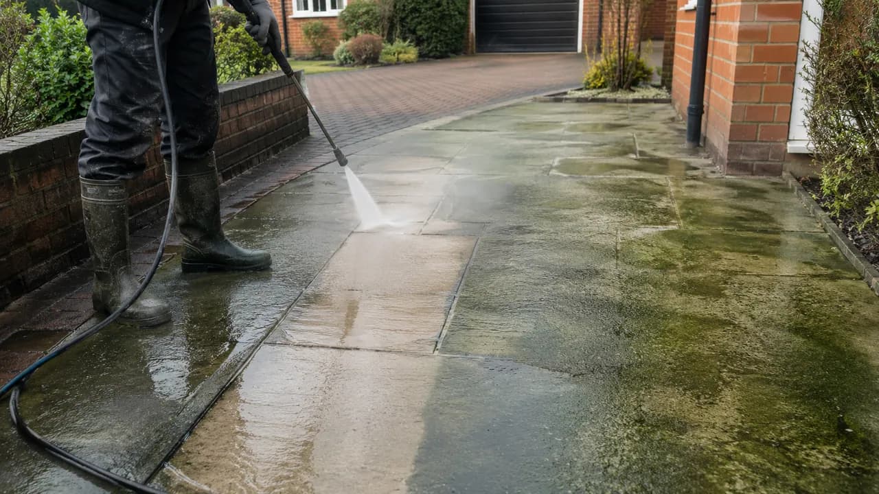 Pressure washing in progress on a 1990s brick semi on a modern estate in Middlewich, Cheshire, block-paved driveway