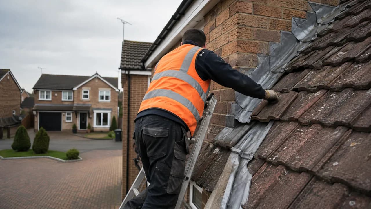 Roof repair in progress on a 1990s brick semi on a modern estate in Middlewich, Cheshire, block-paved driveway