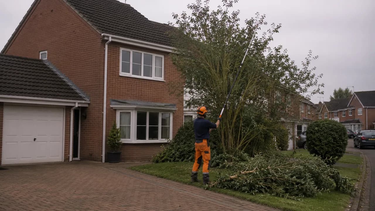 Tree reduction in progress on a 1990s brick semi on a modern estate in Middlewich, Cheshire, block-paved driveway