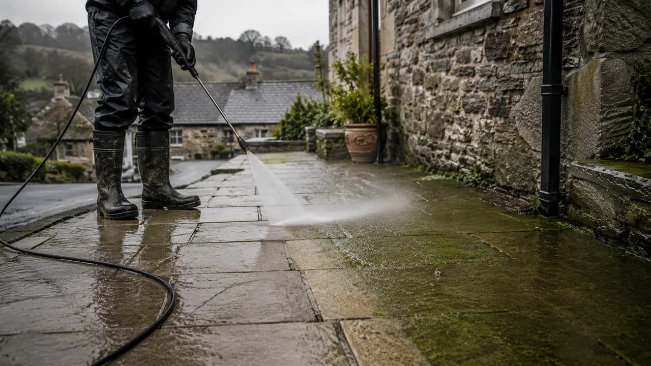 Pressure washing in progress on a Welsh slate-roofed stone house on a hilly street in Mold, Flintshire, moody upland sky