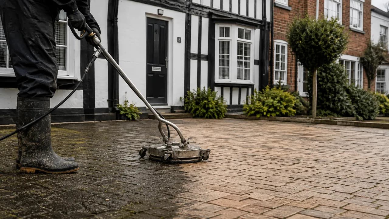Driveway cleaning in progress on a black-and-white timber-framed cottage beside a Georgian brick townhouse in Nantwich, Cheshire