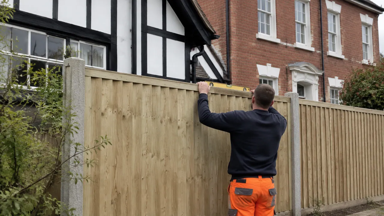 Fence panel replacement in progress on a black-and-white timber-framed cottage beside a Georgian brick townhouse in Nantwich, Cheshire