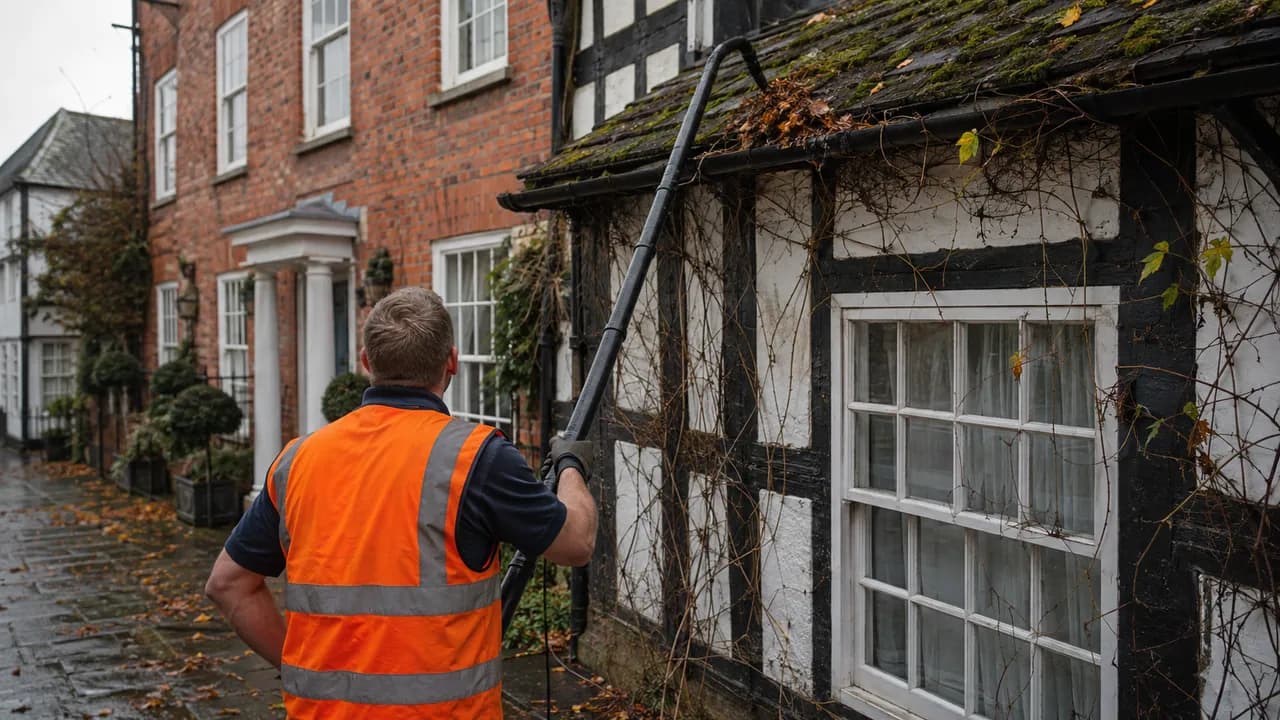 Gutter clearing in progress on a black-and-white timber-framed cottage beside a Georgian brick townhouse in Nantwich, Cheshire