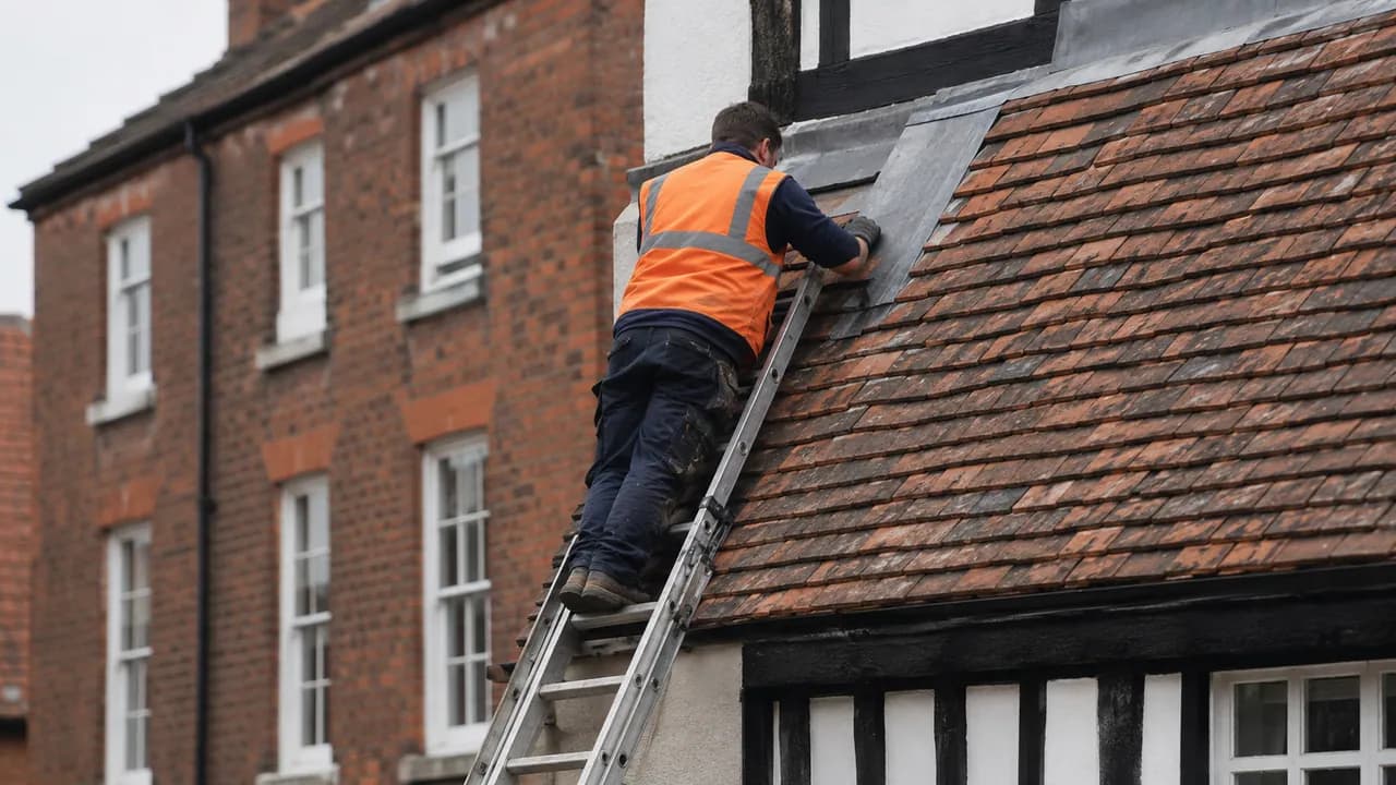 Roof repair in progress on a black-and-white timber-framed cottage beside a Georgian brick townhouse in Nantwich, Cheshire