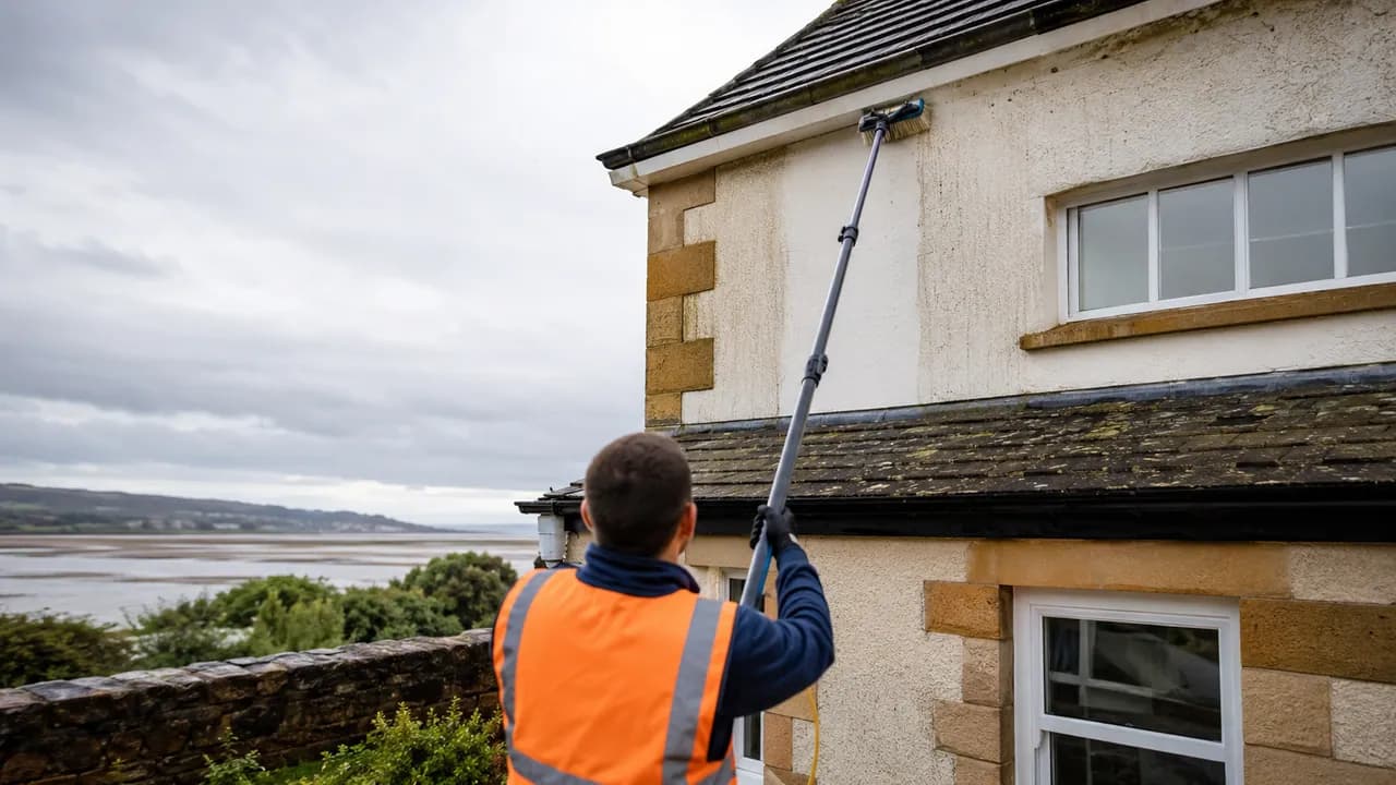 Exterior softwash cleaning in progress on a sandstone cottage with a slate roof near the Dee estuary in Neston, Wirral, wide sky