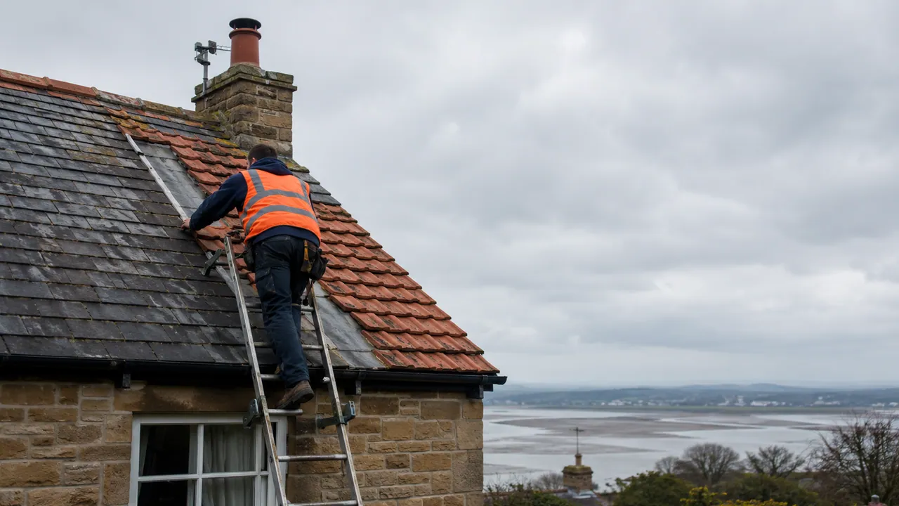 Roof repair in progress on a sandstone cottage with a slate roof near the Dee estuary in Neston, Wirral, wide sky