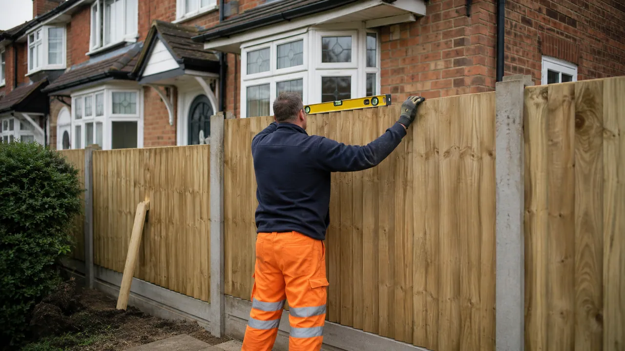 Fence panel replacement in progress on a 1930s brick semi-detached house with a bay window on a Newton street in Chester