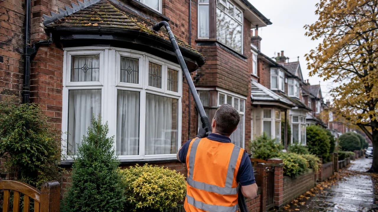 Gutter clearing in progress on a 1930s brick semi-detached house with a bay window on a Newton street in Chester