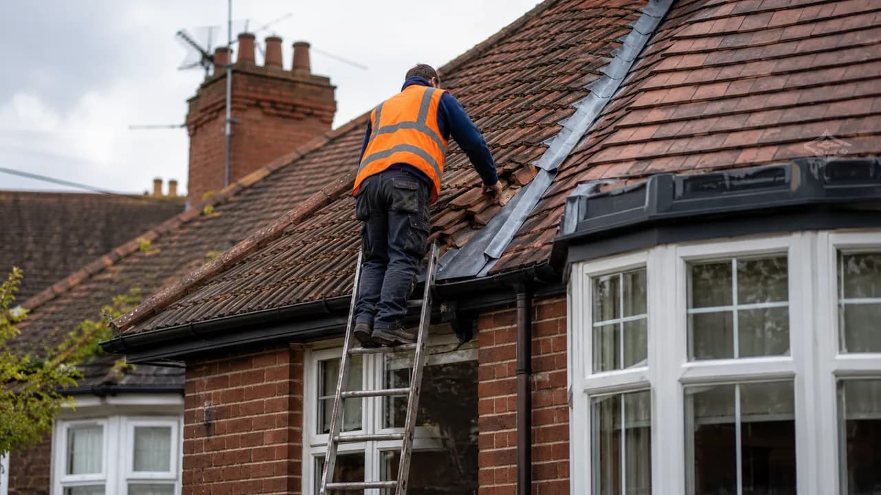 Roof repair in progress on a 1930s brick semi-detached house with a bay window on a Newton street in Chester