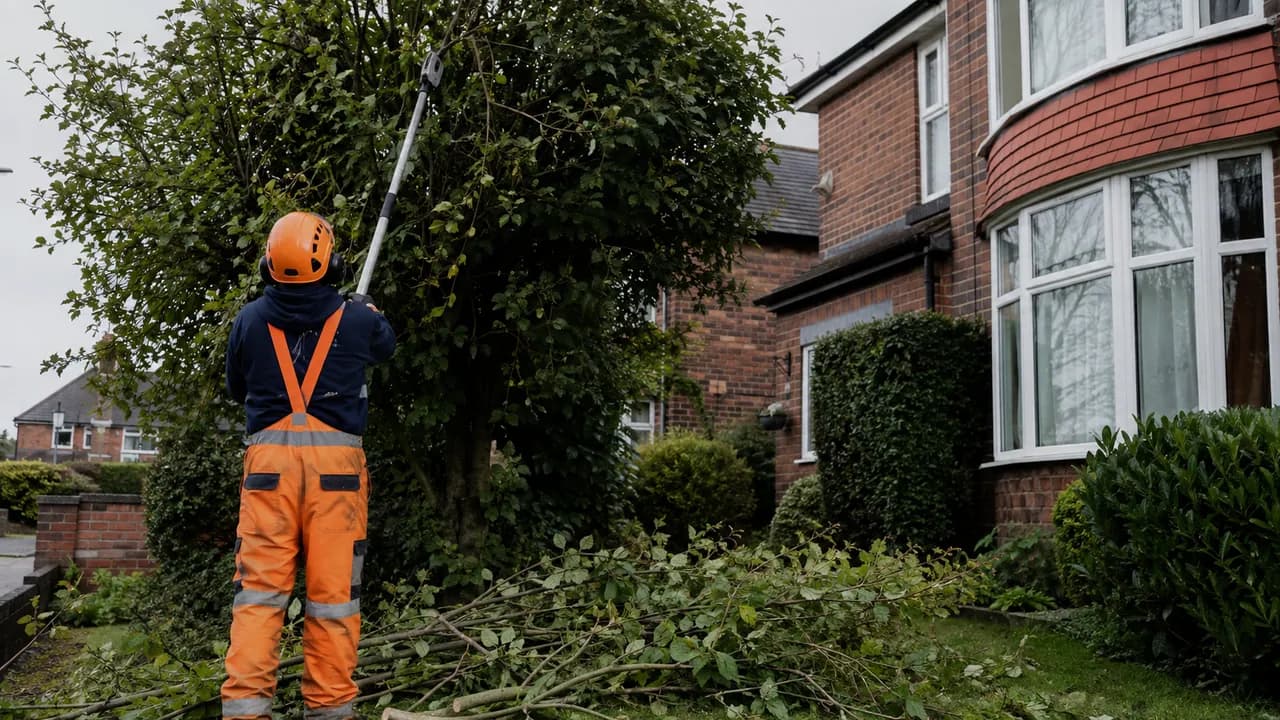 Tree reduction in progress on a 1930s brick semi-detached house with a bay window on a Newton street in Chester