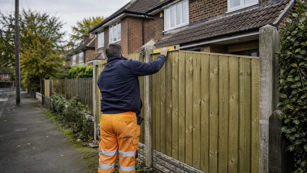 Fence panel replacement in progress on a 1930s brick semi on a leafy avenue in Northwich, Cheshire, tiled roof and hedge