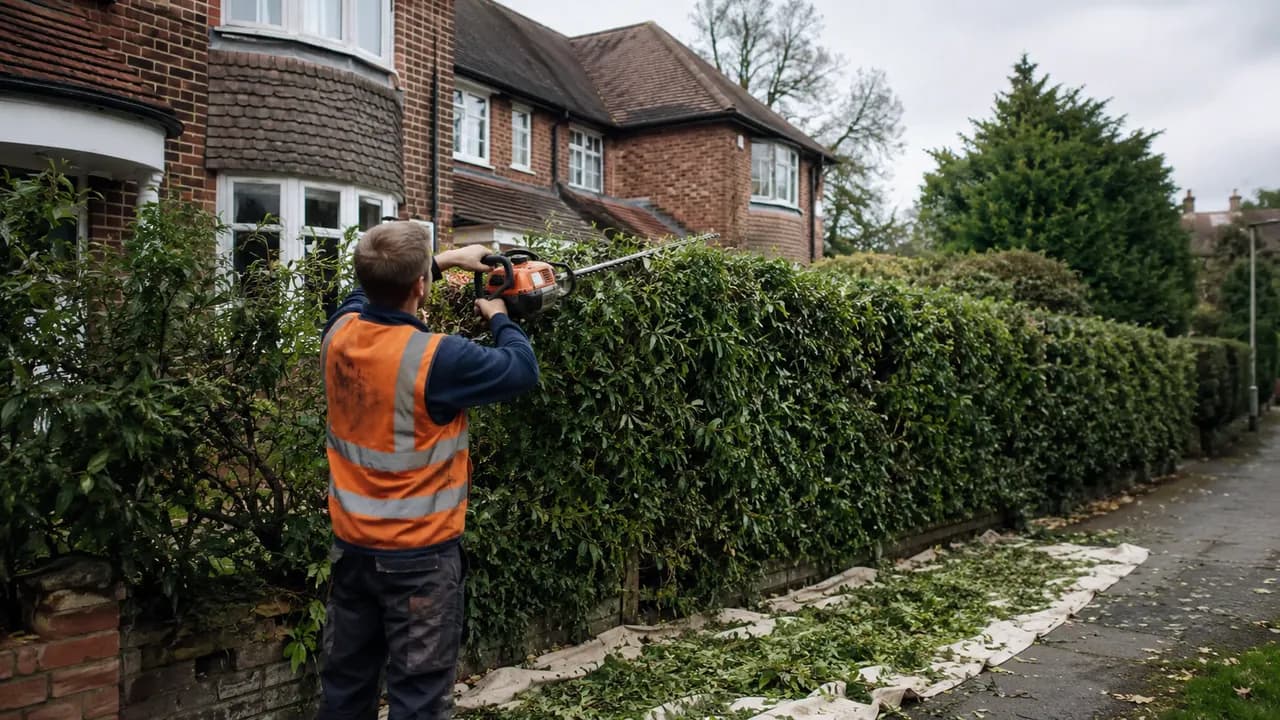 Hedge trimming in progress on a 1930s brick semi on a leafy avenue in Northwich, Cheshire, tiled roof and hedge