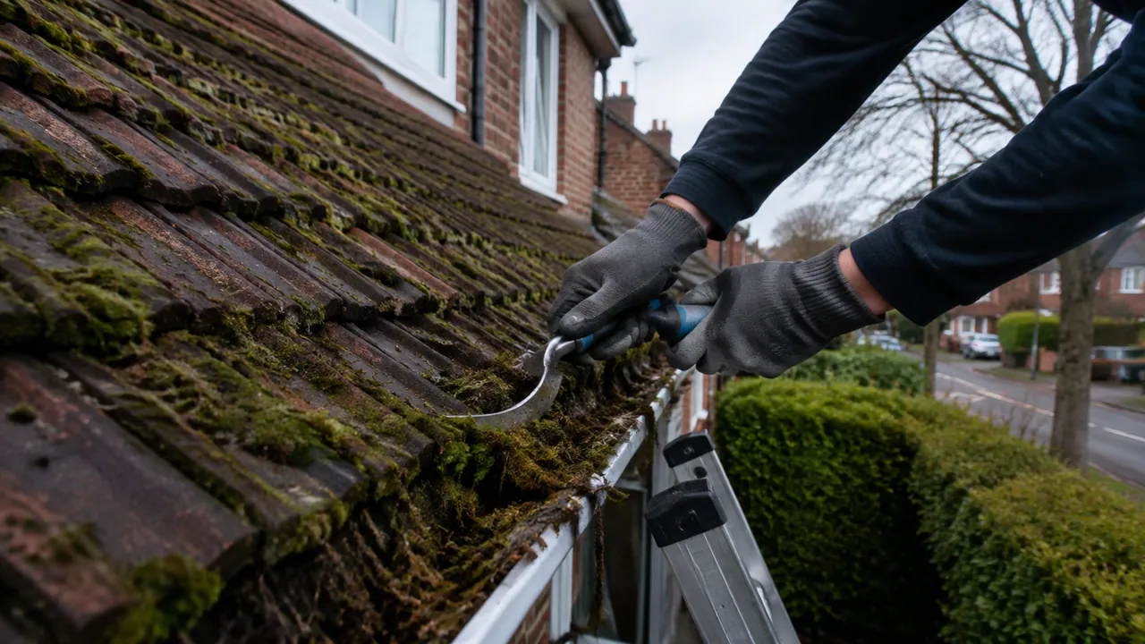 Roof moss removal in progress on a 1930s brick semi on a leafy avenue in Northwich, Cheshire, tiled roof and hedge