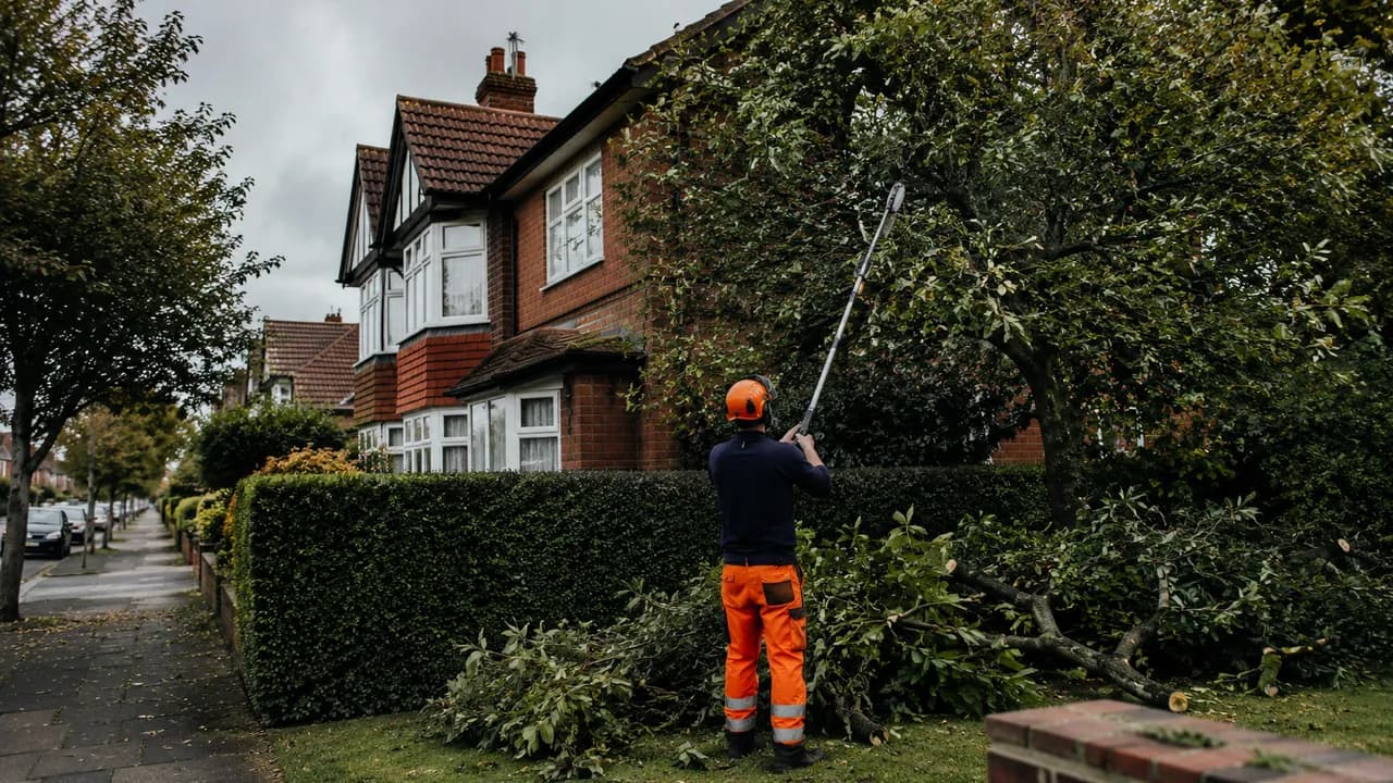 Tree reduction in progress on a 1930s brick semi on a leafy avenue in Northwich, Cheshire, tiled roof and hedge