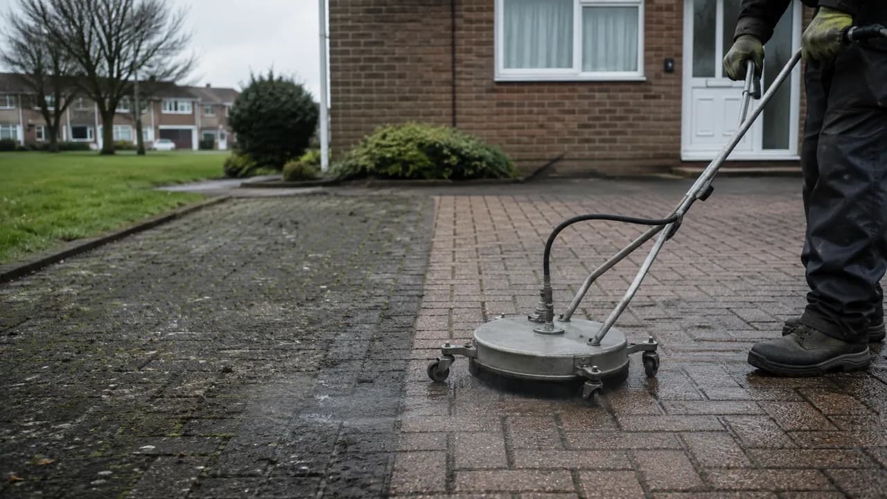 Driveway cleaning in progress on a 1970s brick townhouse on a new-town estate in Runcorn, Cheshire, open grass verges
