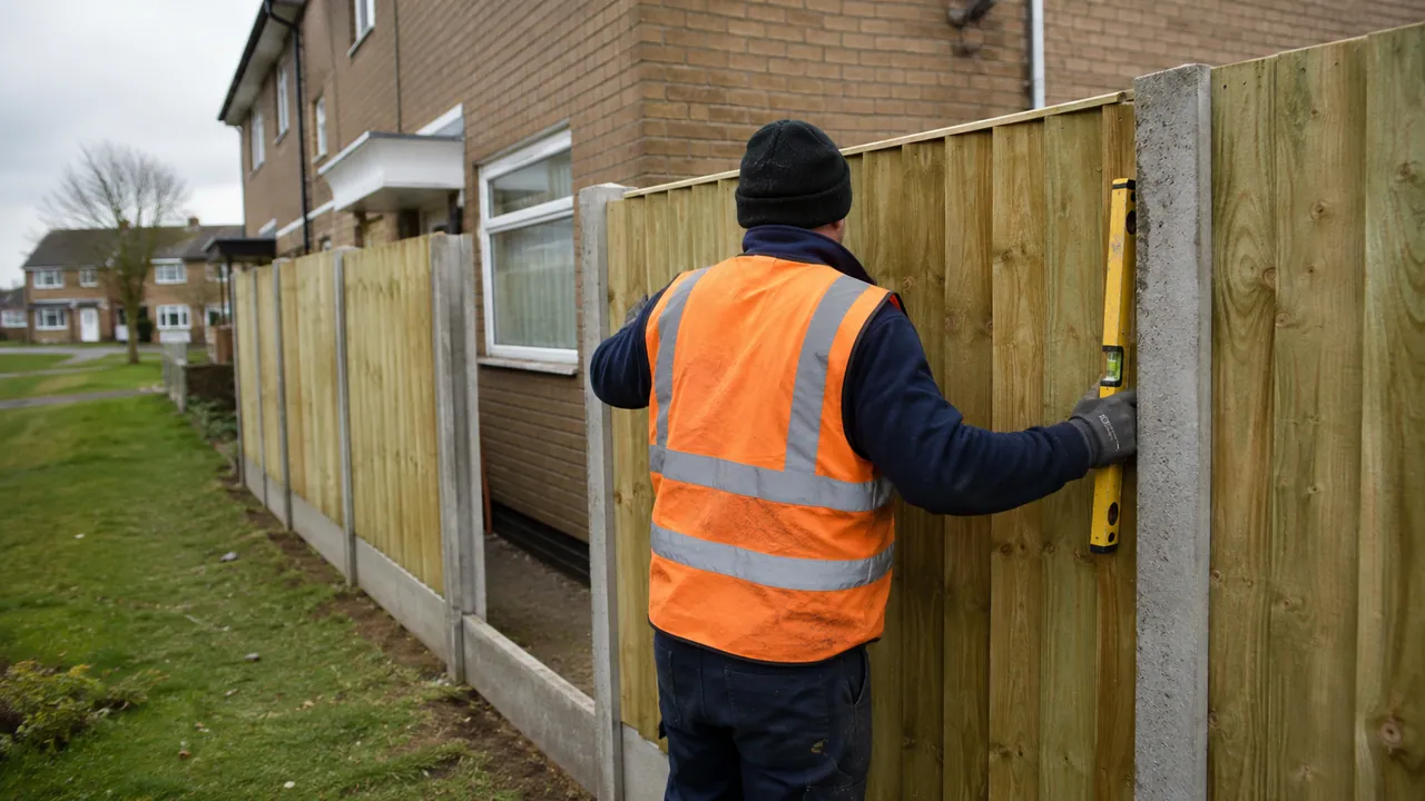 Fence panel replacement in progress on a 1970s brick townhouse on a new-town estate in Runcorn, Cheshire, open grass verges