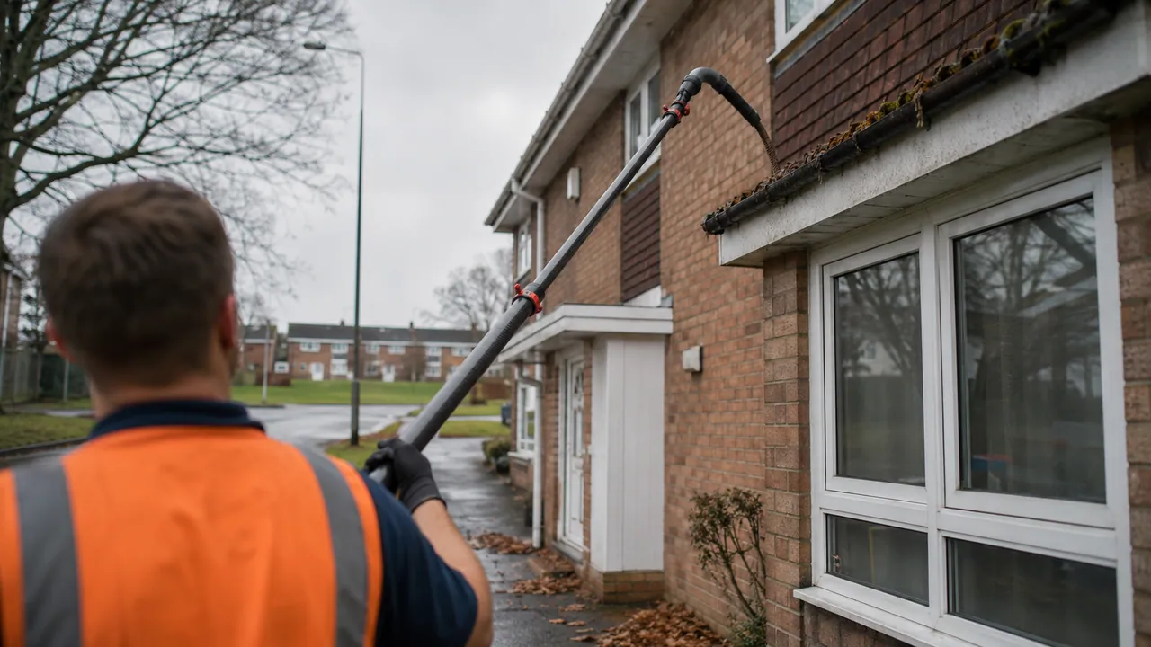 Gutter clearing in progress on a 1970s brick townhouse on a new-town estate in Runcorn, Cheshire, open grass verges