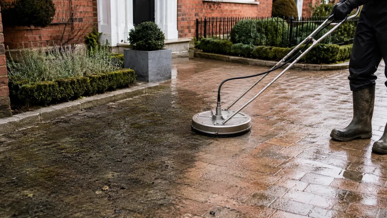 Driveway cleaning in progress on a Georgian red-brick house on the High Street of Tarporley village, Cheshire, sandstone kerbs