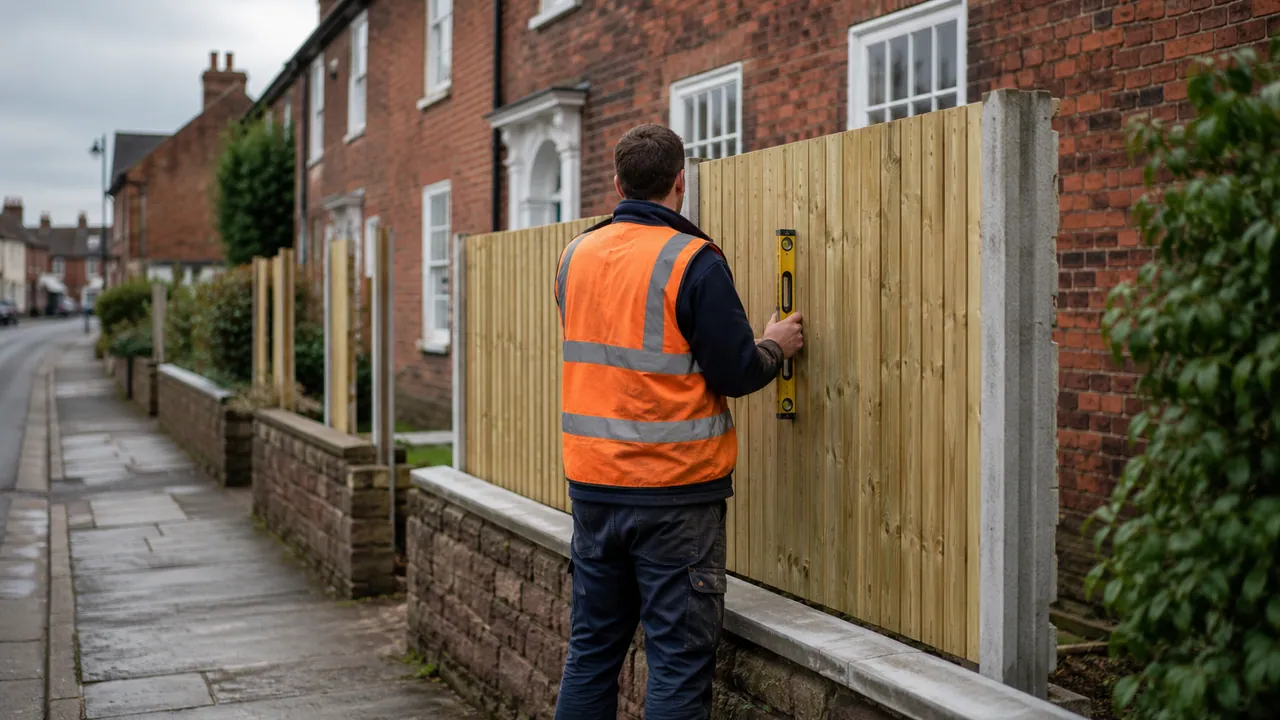 Fence panel replacement in progress on a Georgian red-brick house on the High Street of Tarporley village, Cheshire, sandstone kerbs