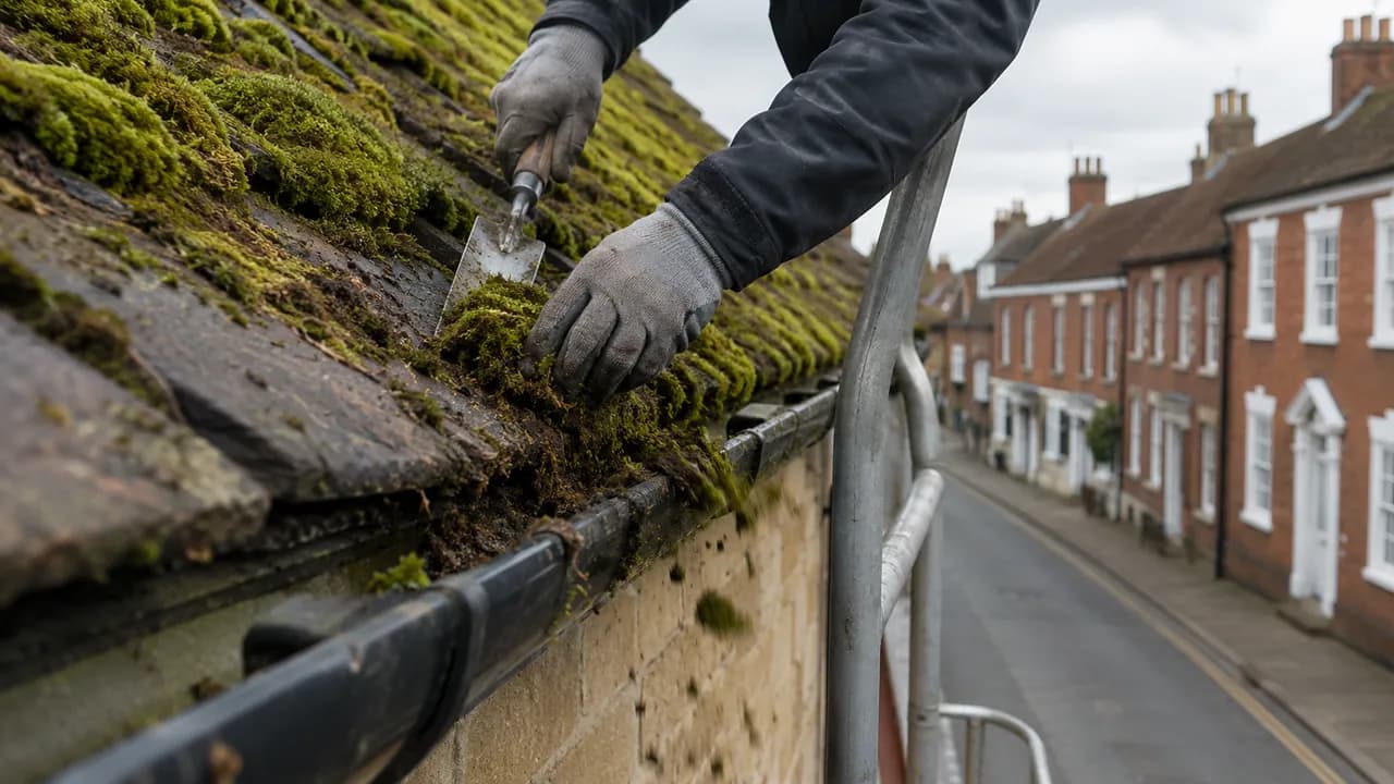Roof moss removal in progress on a Georgian red-brick house on the High Street of Tarporley village, Cheshire, sandstone kerbs