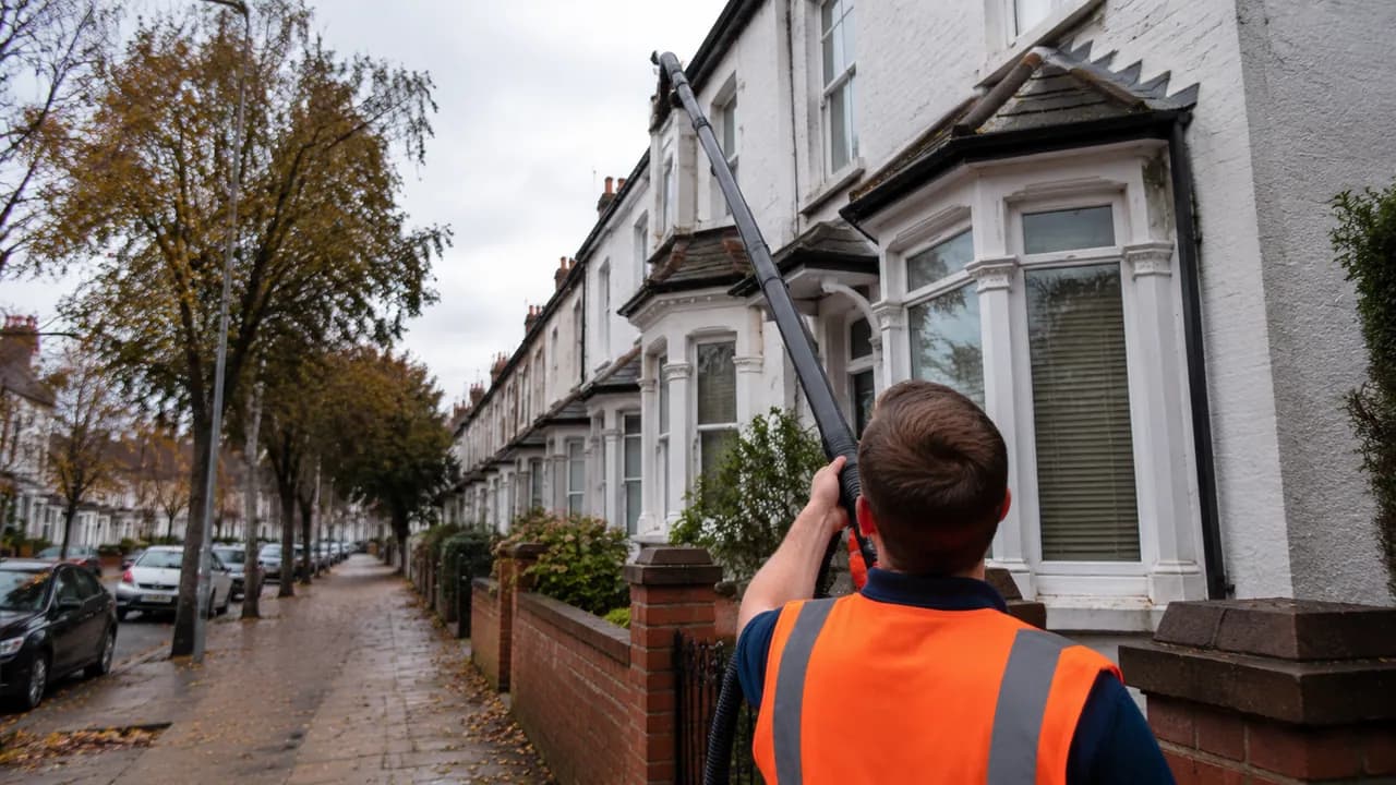Gutter clearing in progress on a Victorian bay-fronted terrace with a slate roof on a Wallasey street, salty coastal sky, Wirral
