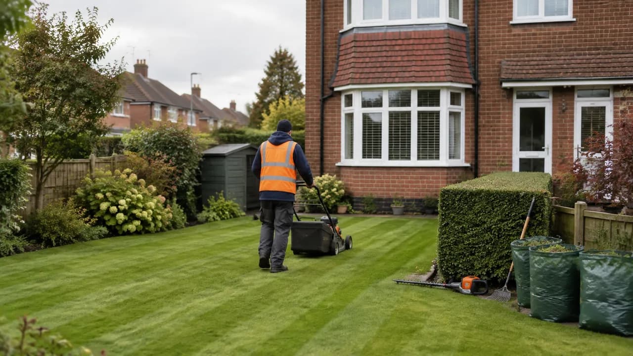Garden maintenance in progress on a 1930s brick semi with a bay window on a Stockton Heath street, Warrington, Cheshire