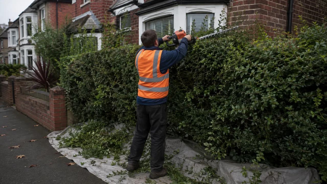 Hedge trimming in progress on a 1930s brick semi with a bay window on a Stockton Heath street, Warrington, Cheshire