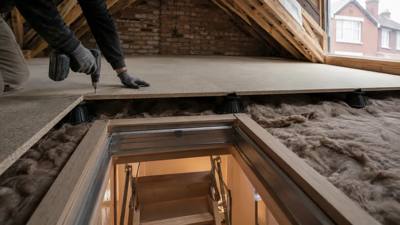 Loft boarding in progress on a 1930s brick semi with a bay window on a Stockton Heath street, Warrington, Cheshire