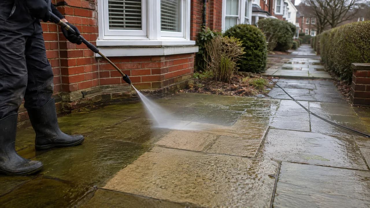 Pressure washing in progress on a 1930s brick semi with a bay window on a Stockton Heath street, Warrington, Cheshire