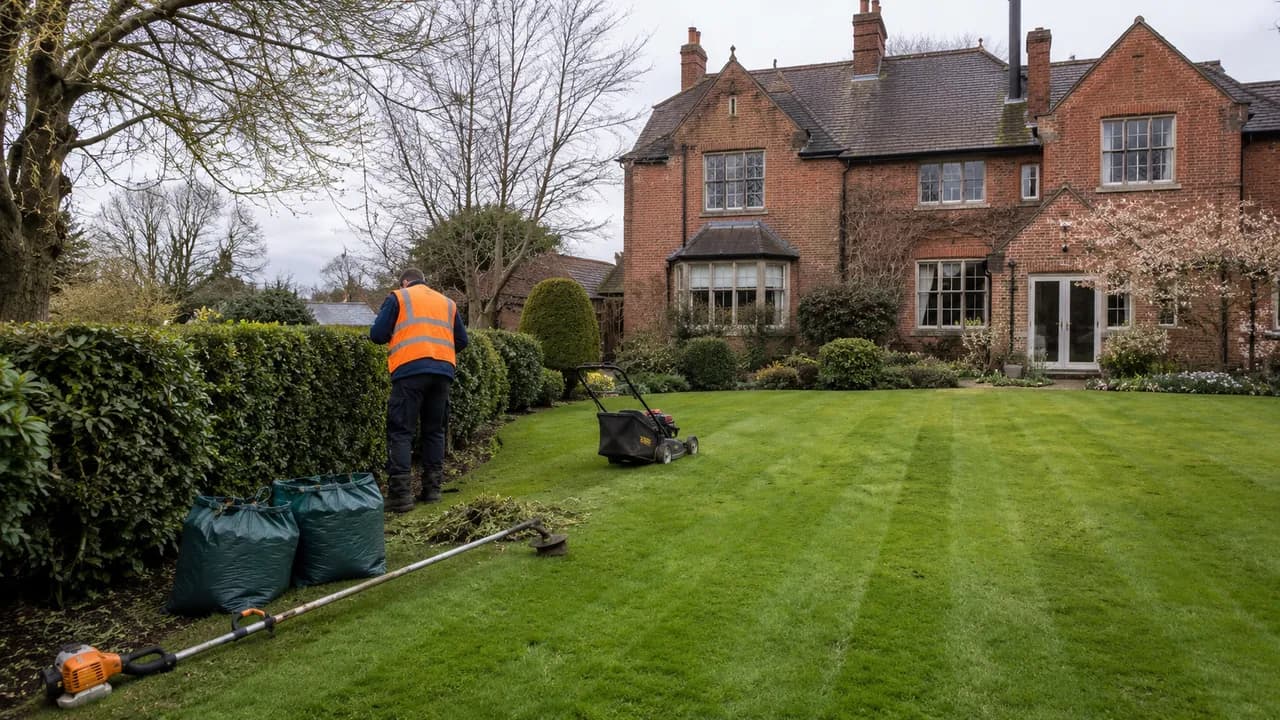 Garden maintenance in progress on a large detached brick house with mature trees on a village lane in Waverton near Chester
