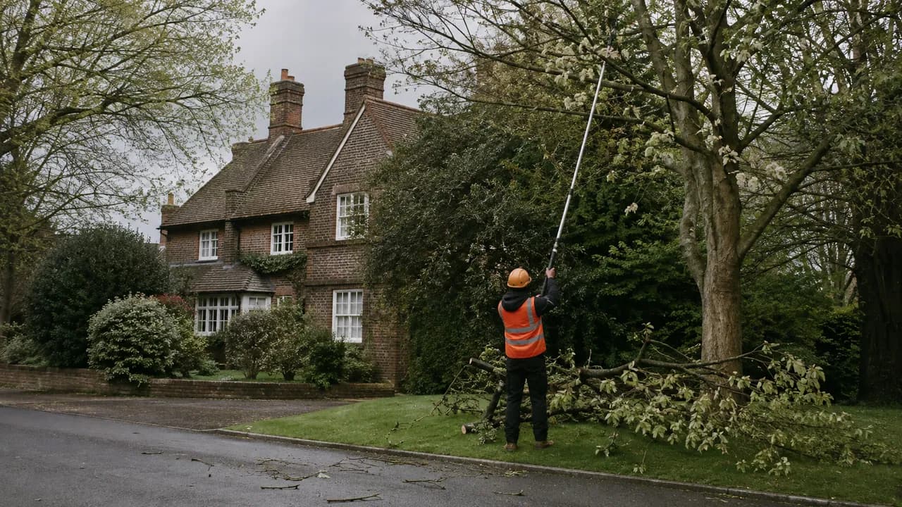 Tree reduction in progress on a large detached brick house with mature trees on a village lane in Waverton near Chester