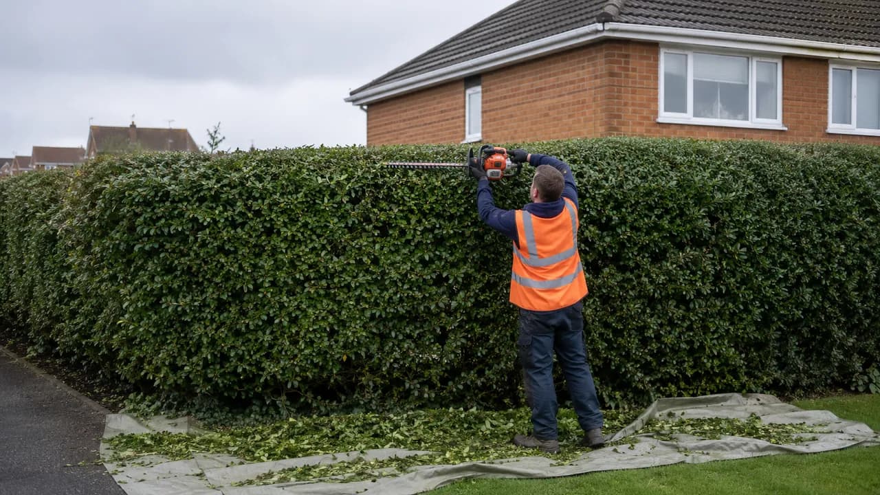 Hedge trimming in progress on a 1960s brick semi on a flat, open estate in Whitby, Ellesmere Port, tiled roof