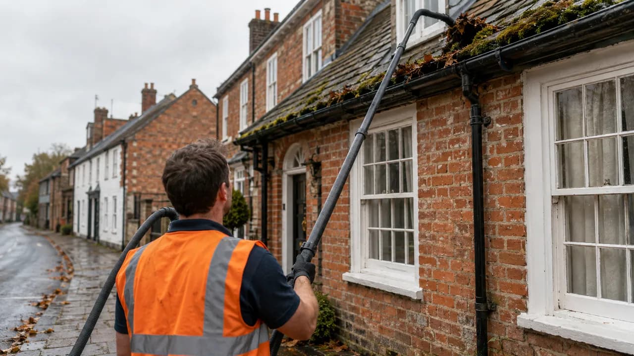 Gutter clearing in progress on a Georgian brick townhouse with a slate roof on a market-town street in Whitchurch, Shropshire