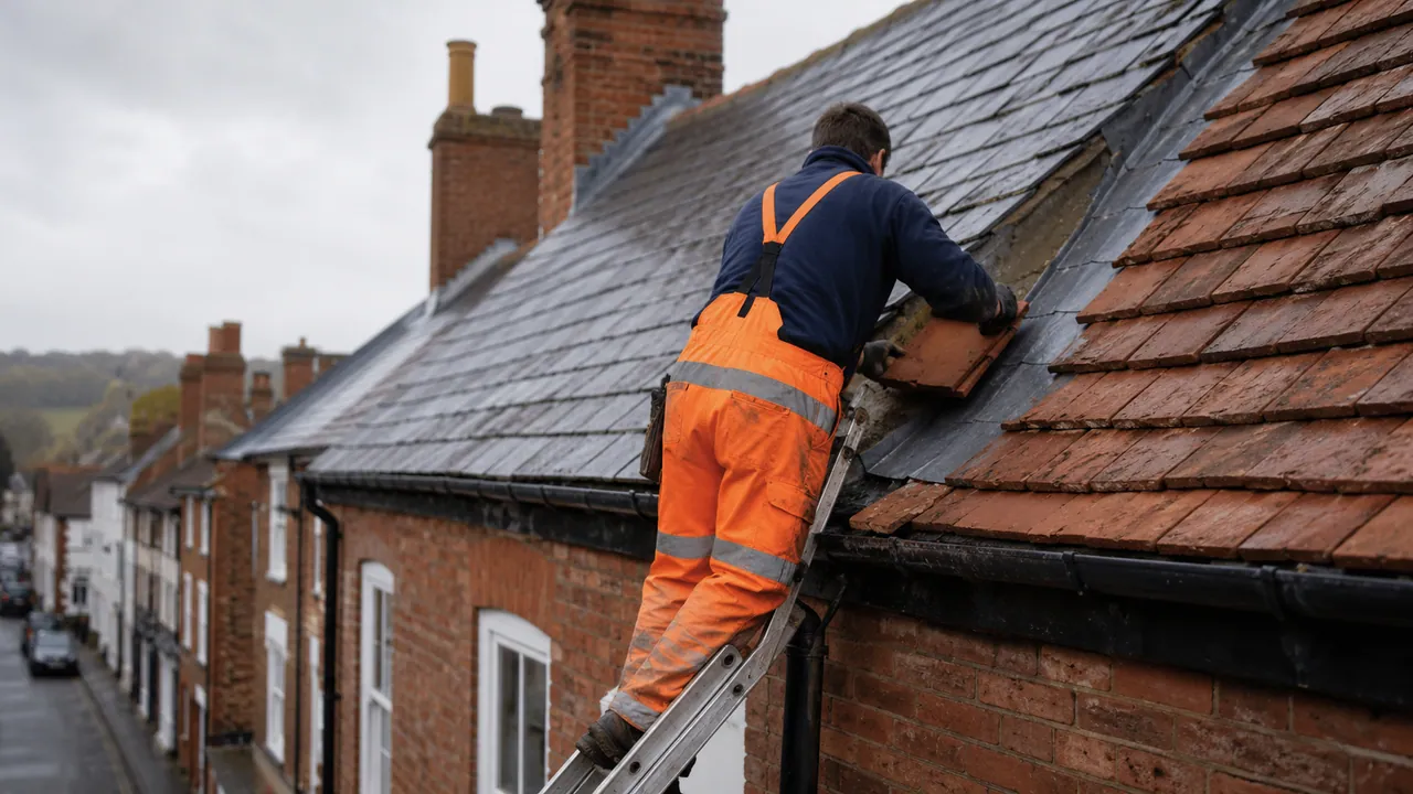 Roof repair in progress on a Georgian brick townhouse with a slate roof on a market-town street in Whitchurch, Shropshire