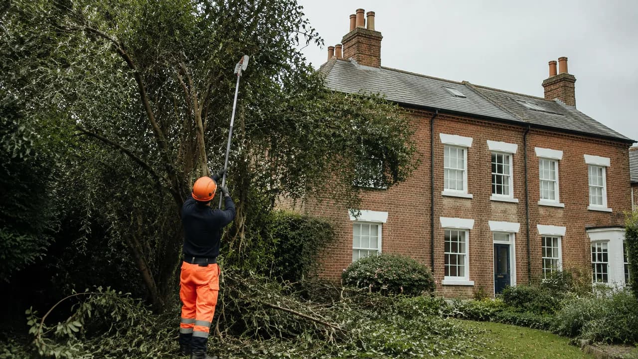 Tree reduction in progress on a Georgian brick townhouse with a slate roof on a market-town street in Whitchurch, Shropshire