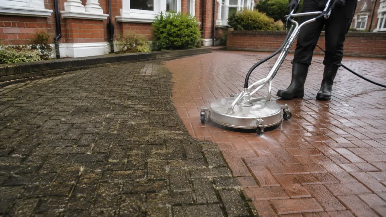 Driveway cleaning in progress on a Victorian brick terrace with a slate roof on a Widnes street, Cheshire, overcast