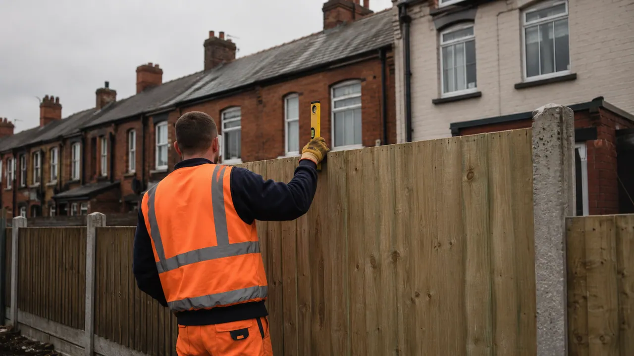 Fence panel replacement in progress on a Victorian brick terrace with a slate roof on a Widnes street, Cheshire, overcast