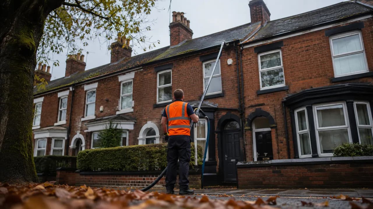 Gutter clearing in progress on a Victorian brick terrace with a slate roof on a Widnes street, Cheshire, overcast