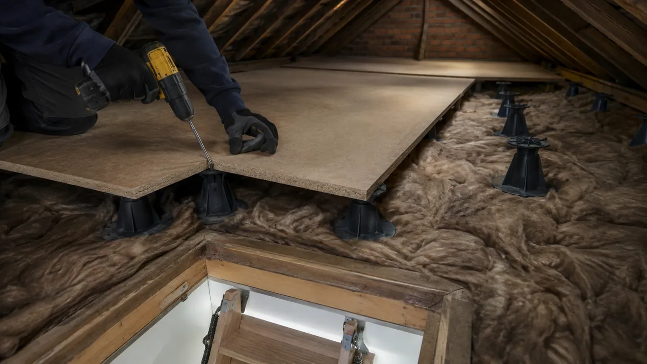 Loft boarding in progress on a Victorian brick terrace with a slate roof on a Widnes street, Cheshire, overcast