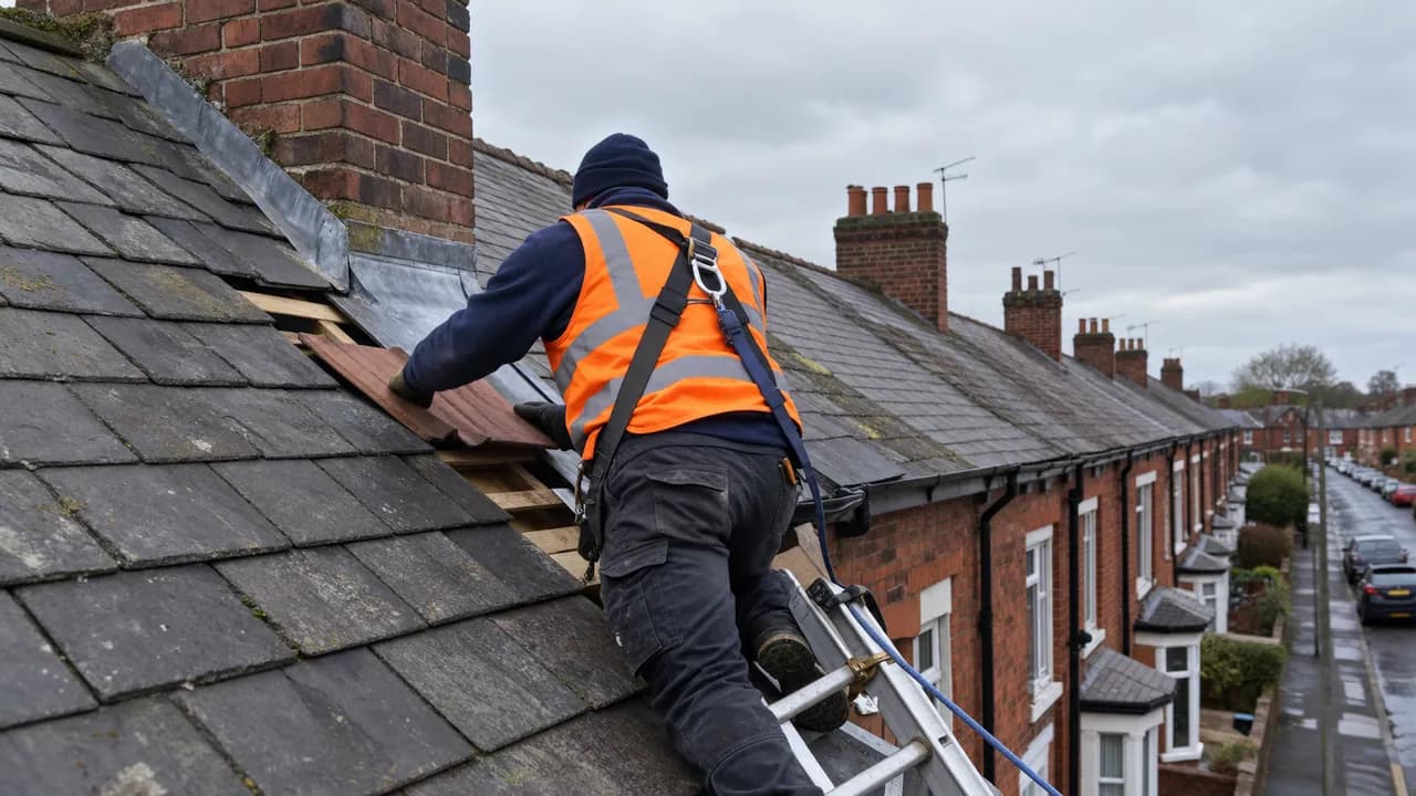 Roof repair in progress on a Victorian brick terrace with a slate roof on a Widnes street, Cheshire, overcast