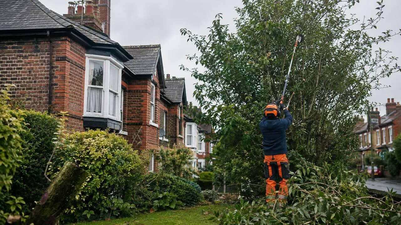 Tree reduction in progress on a Victorian brick terrace with a slate roof on a Widnes street, Cheshire, overcast