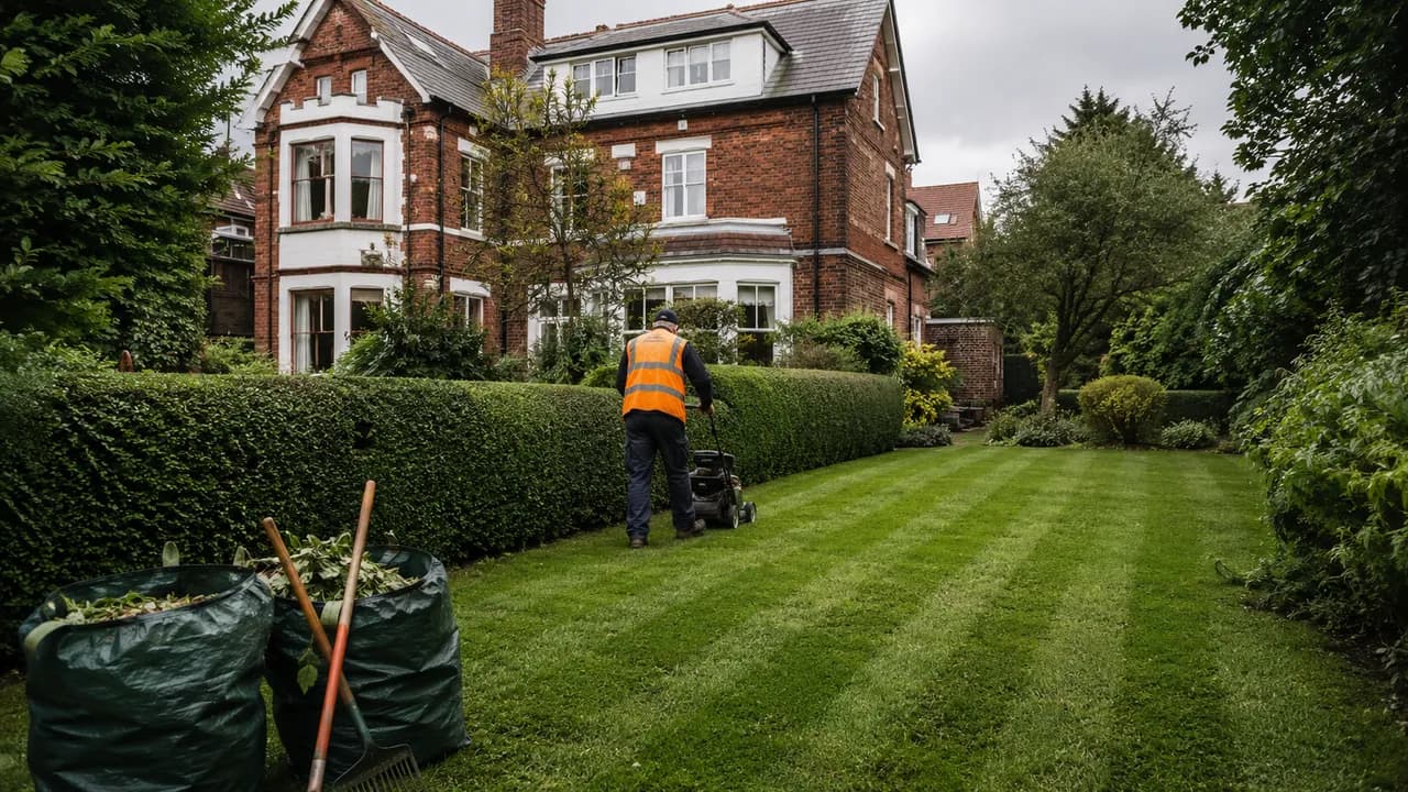 Garden maintenance in progress on a large Edwardian detached villa on a leafy road in Wilmslow, Cheshire, mature trees