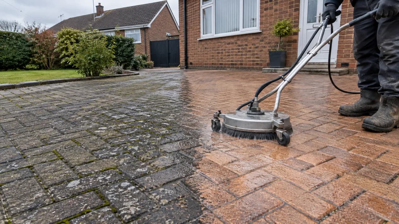 Driveway cleaning in progress on a 1970s brick semi on an estate in Winsford, Cheshire, tiled roof and open sky