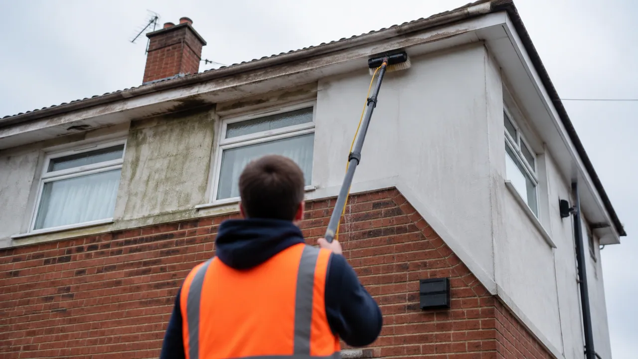 Exterior softwash cleaning in progress on a 1970s brick semi on an estate in Winsford, Cheshire, tiled roof and open sky