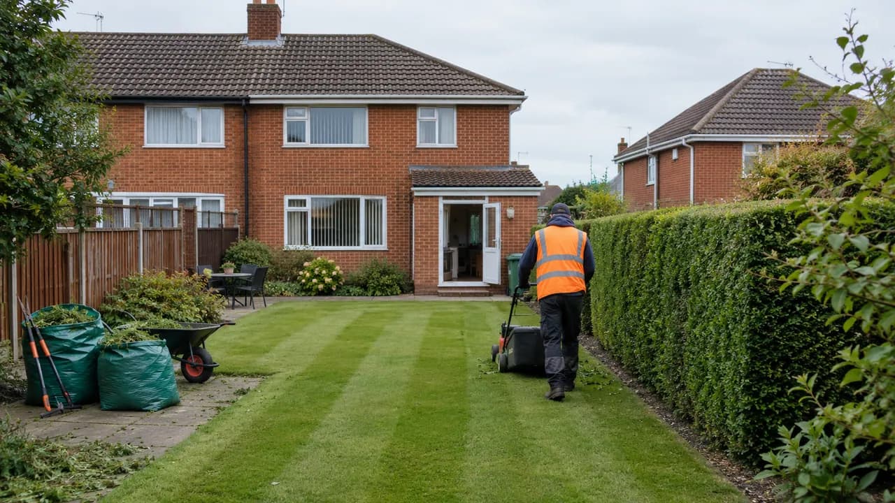 Garden maintenance in progress on a 1970s brick semi on an estate in Winsford, Cheshire, tiled roof and open sky