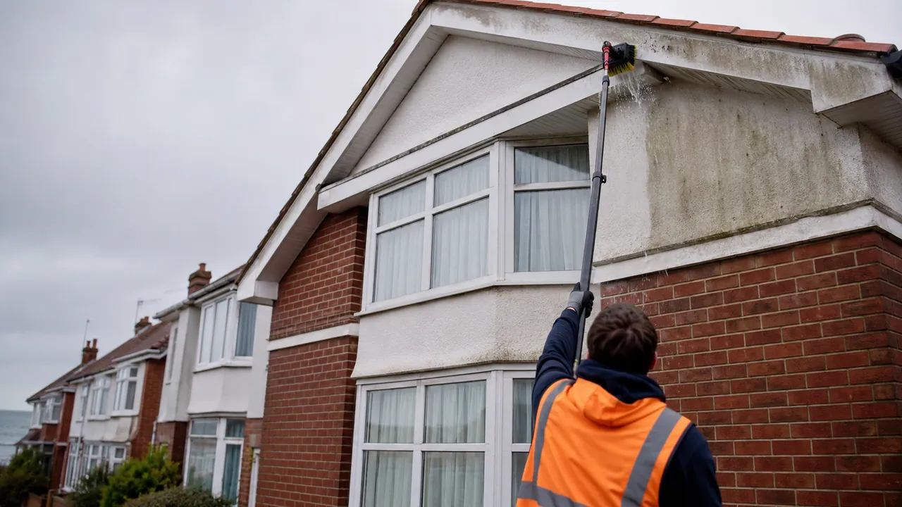 Exterior softwash cleaning in progress on a 1930s red-brick semi-detached house with a bay window on a Wirral suburban street, coastal light