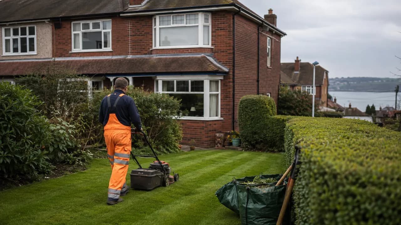 Garden maintenance in progress on a 1930s red-brick semi-detached house with a bay window on a Wirral suburban street, coastal light