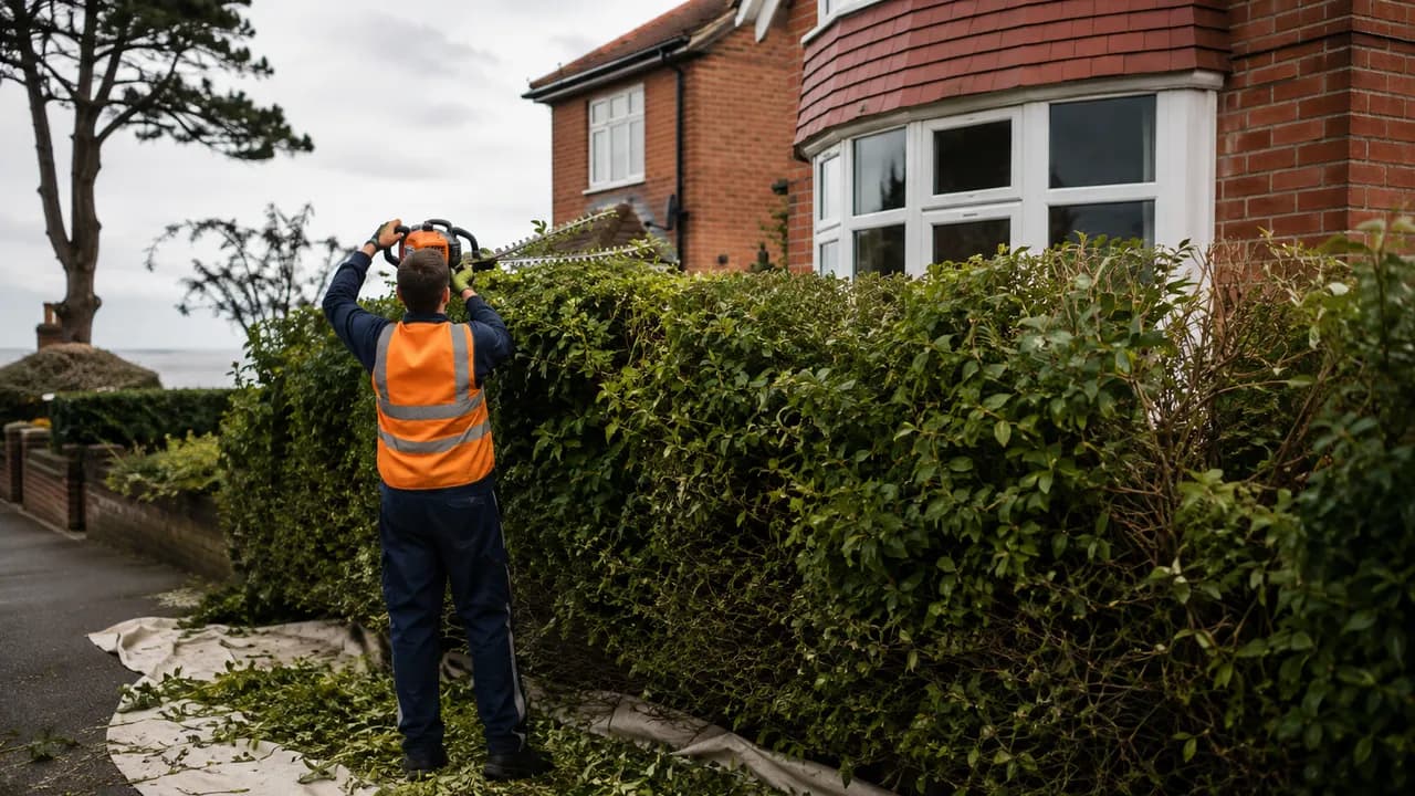 Hedge trimming in progress on a 1930s red-brick semi-detached house with a bay window on a Wirral suburban street, coastal light