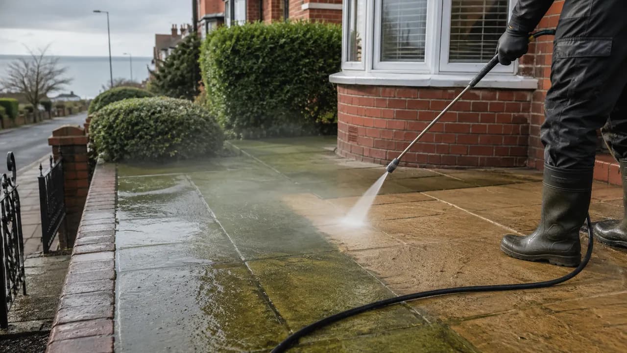 Pressure washing in progress on a 1930s red-brick semi-detached house with a bay window on a Wirral suburban street, coastal light