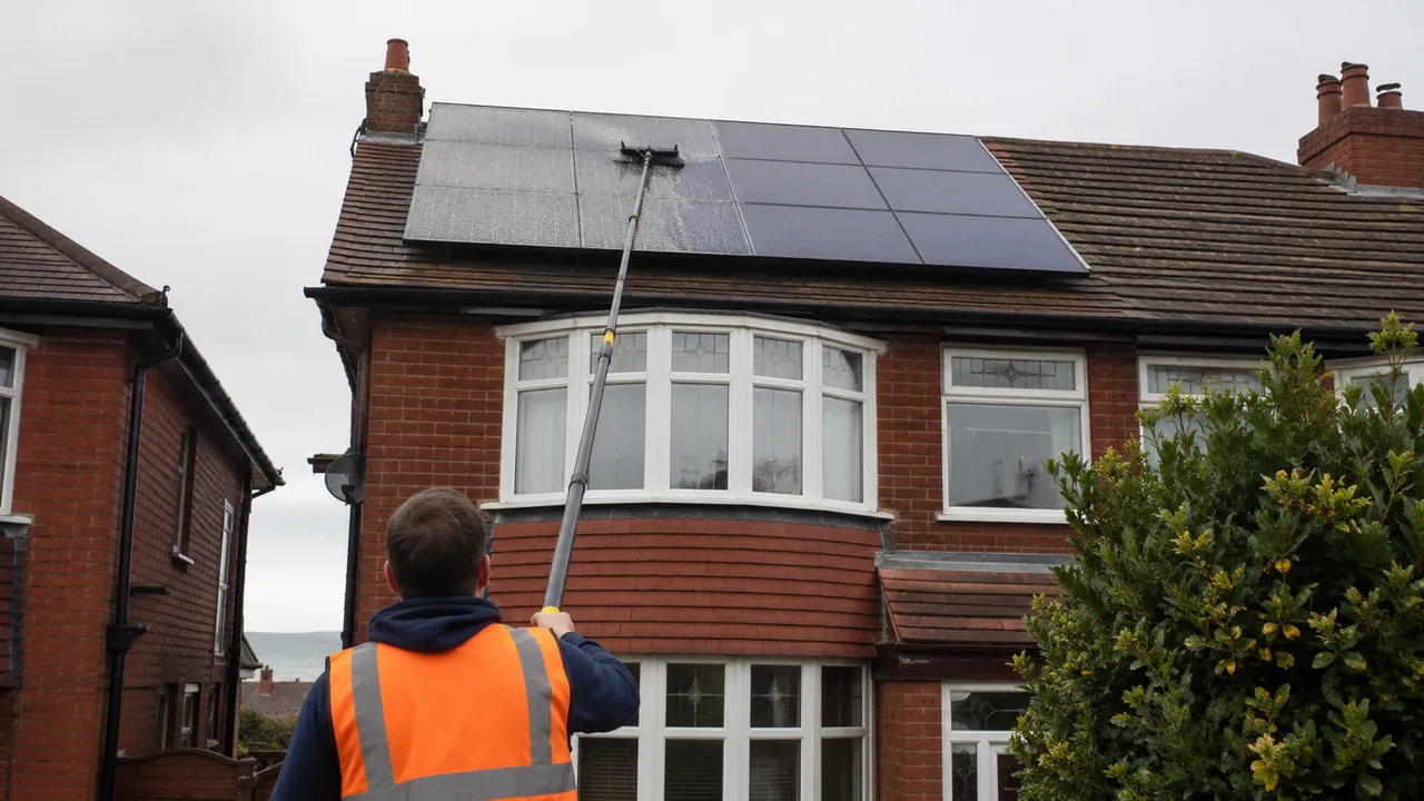 Solar panel cleaning in progress on a 1930s red-brick semi-detached house with a bay window on a Wirral suburban street, coastal light